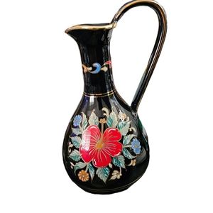 Manousakis Vintage Ceramic Vase W/ Floral Motif Handpainted With 24kt Gold Trim